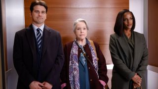 Jason Ritter, Kathy Bates, and Skye P. Marshall standing together awkwardly in an elevator in Matlock Episode 2 - "Rome in a Day."